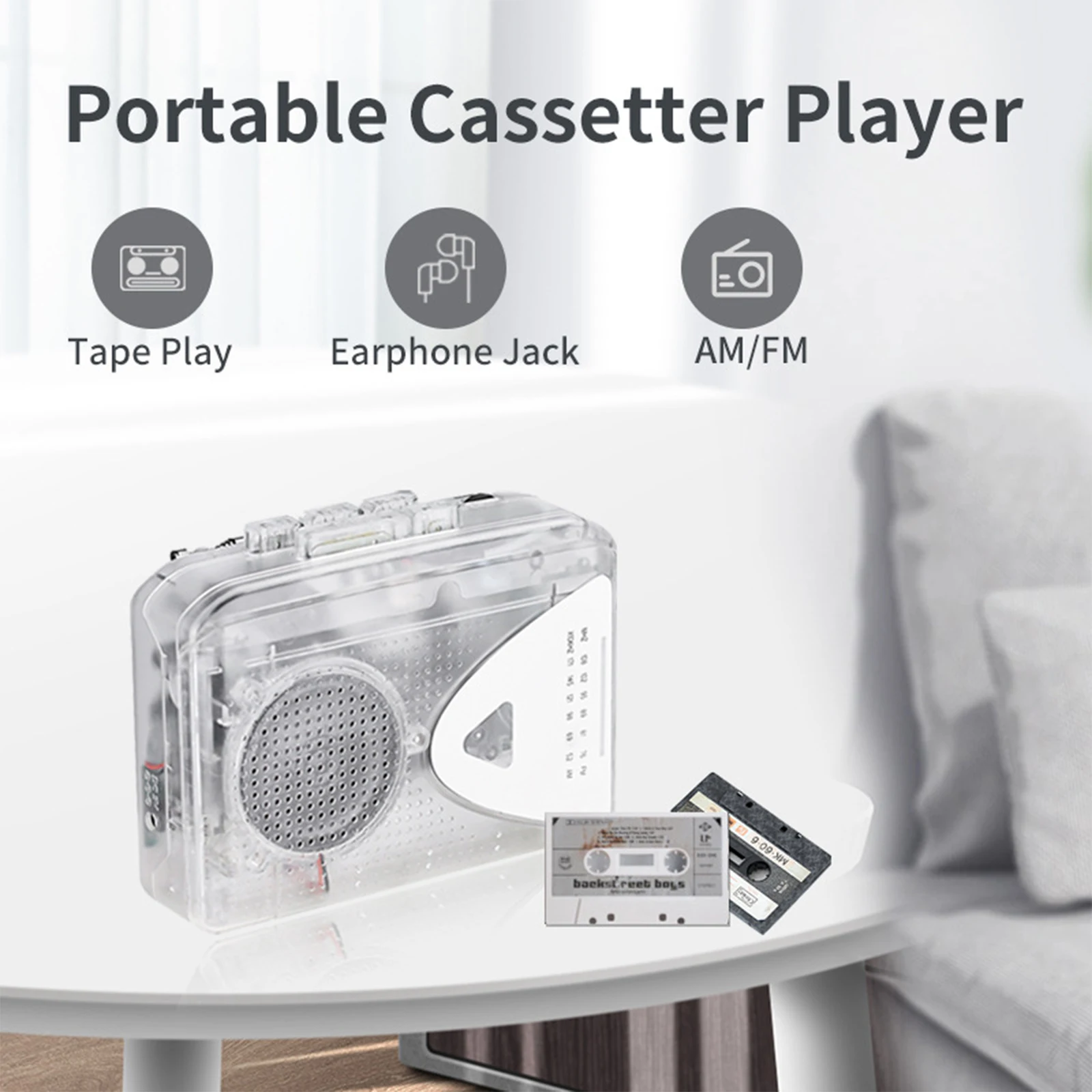 

Cassette Player Portable Easy to Use with Headphones Transparent AM FM Radio Walkman Stereo External Speakers Music Player