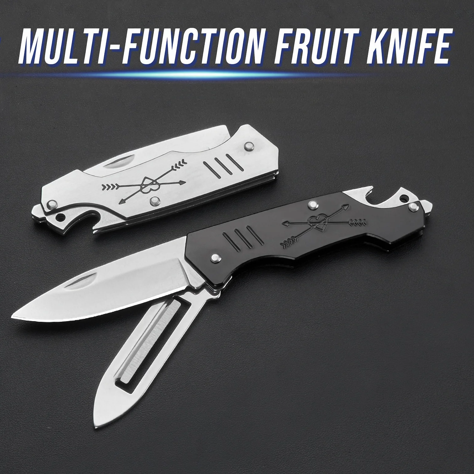 1PC 2-in-1 Multi-function Knife,Heart Arrow Engraved Handle,Built-in Peeler & Bottle Opener,Lanyard Hole,for Camping,BBQ、Gifting