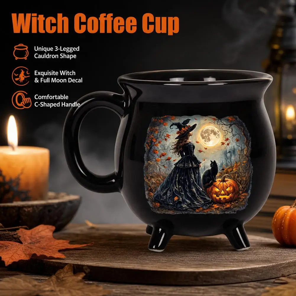 Witch Cauldron Coffee Mug Black Ceramic Cat Cup 350ml 12oz Halloween Spooky Gothic Tabletop Decor Water Drinkware Present Gifts