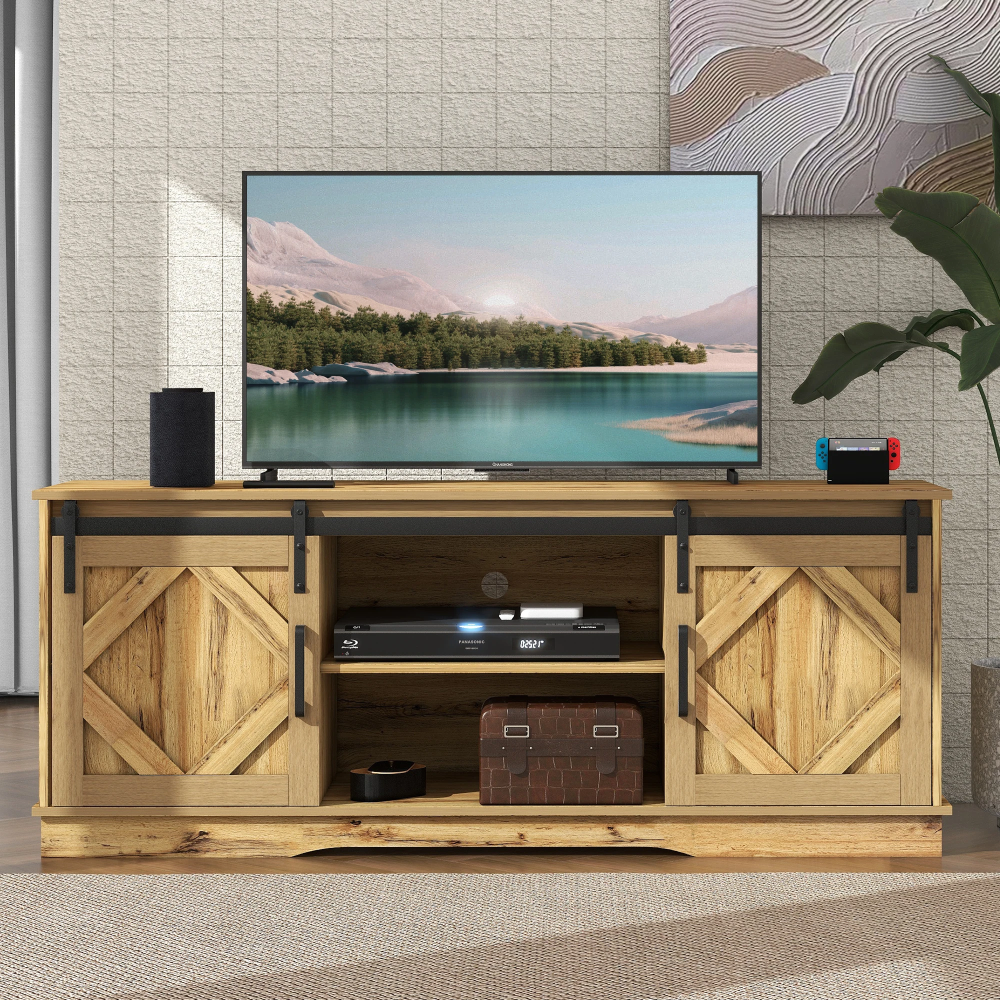 KOMHTOM Großer TV-Schrank 150x40x60cm, TV Stand Sideboard Entertainment Center, 2 Schiebetüren, Einstellbare Regale