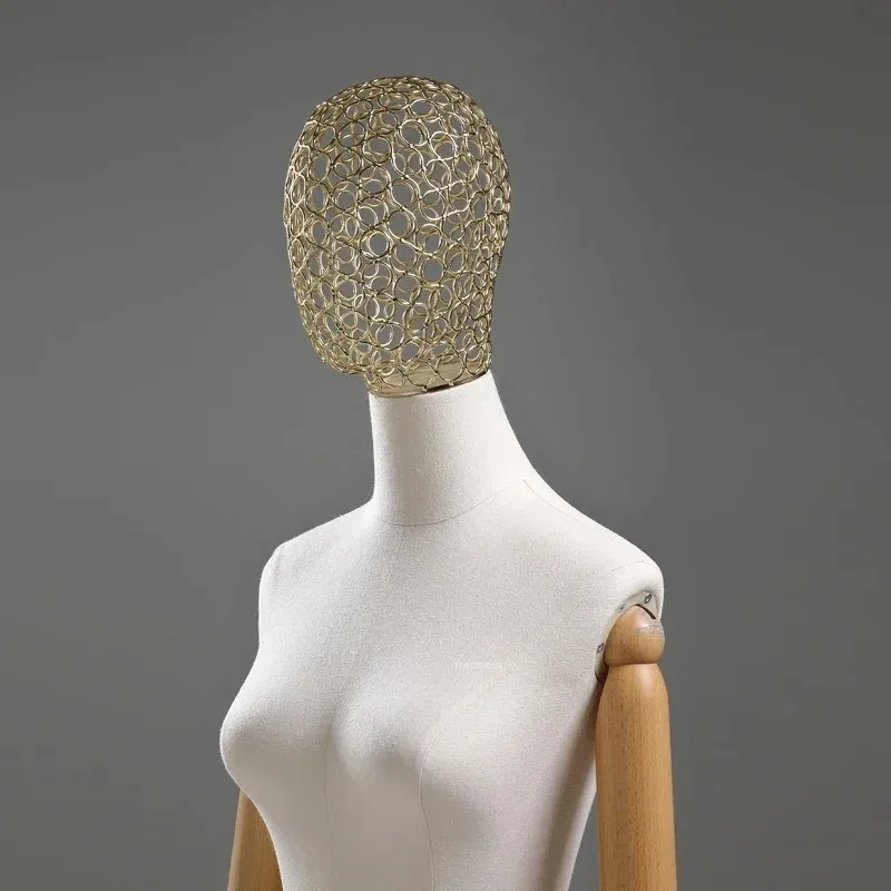 

Female Iron Head Half Body Mannequins with Metal Base for Wedding Clothing Display Window Wood Arm Fabric Cover Mannequins Shelf