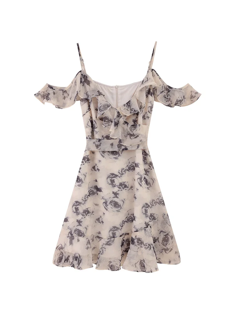 المرأة الأزهار الباردة الكتف كشكش فستان بحزام الصيف ألف خط أسود روز طباعة الشيفون ميدي فستان الشمس لقضاء عطلة الشاطئ تاريخ