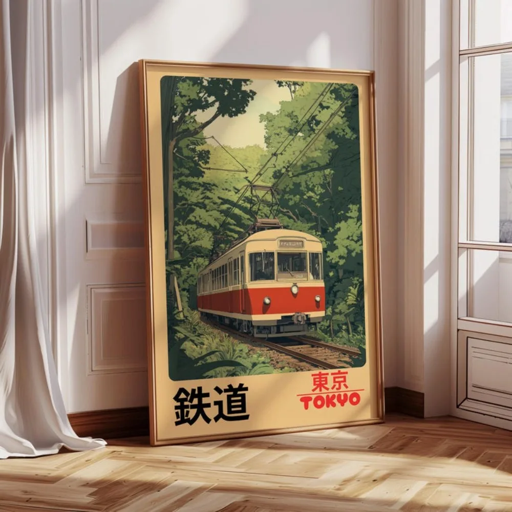 1 szt. Bezramowy Retro Plakat Tokijskiej Kolei Vintage Japoński Pociąg Sceniczny Japonia Podróż Płótno Tokio Kolej Dekoracja Ścienna Styl Anime