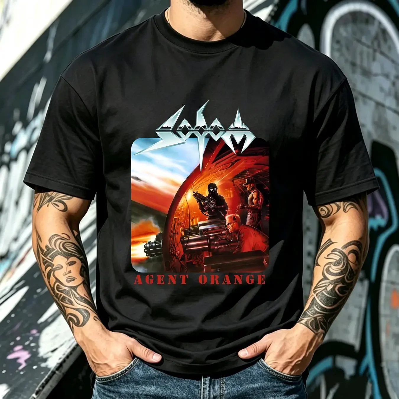washed T Shirt Sodom Agent Orange Black long sleeves vintage Washed Versatile Soft homme Stretched fashion Slightly Stylish