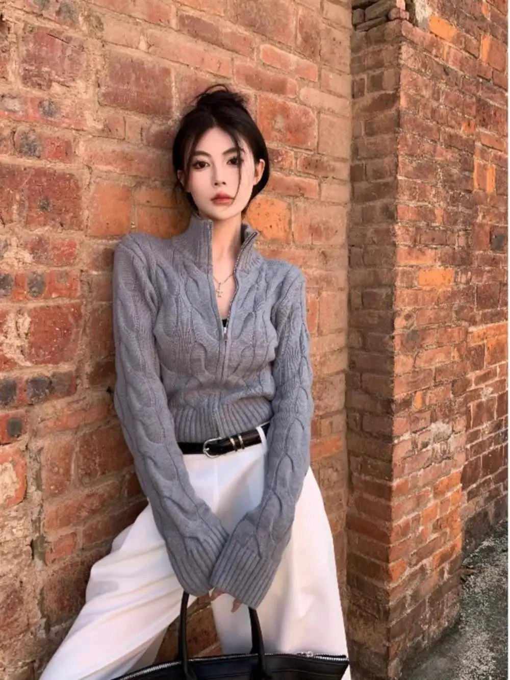 

Вязаный свитер в американском стиле ретро с высоким воротником, женское осенне-зимнее пальто с двойной молнией, трикотажный топ