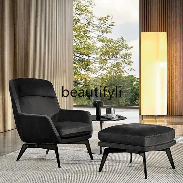 

scandinavian Single-Seat Sofa Chair Solid Wood Leather Fabric Minimalist Balcony Lounge Chair Artistic Step Recliner