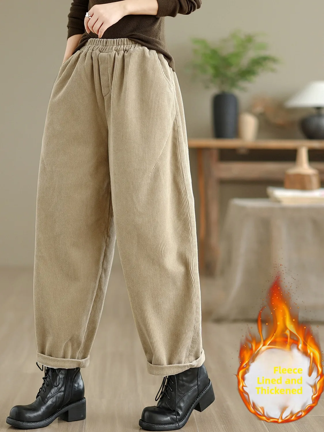 Pantalones de pierna ancha de pana con forro de Fce de cintura alta, pantalones informales sueltos de talla grande con cintura elástica para mujer, novedad de Otoño Invierno