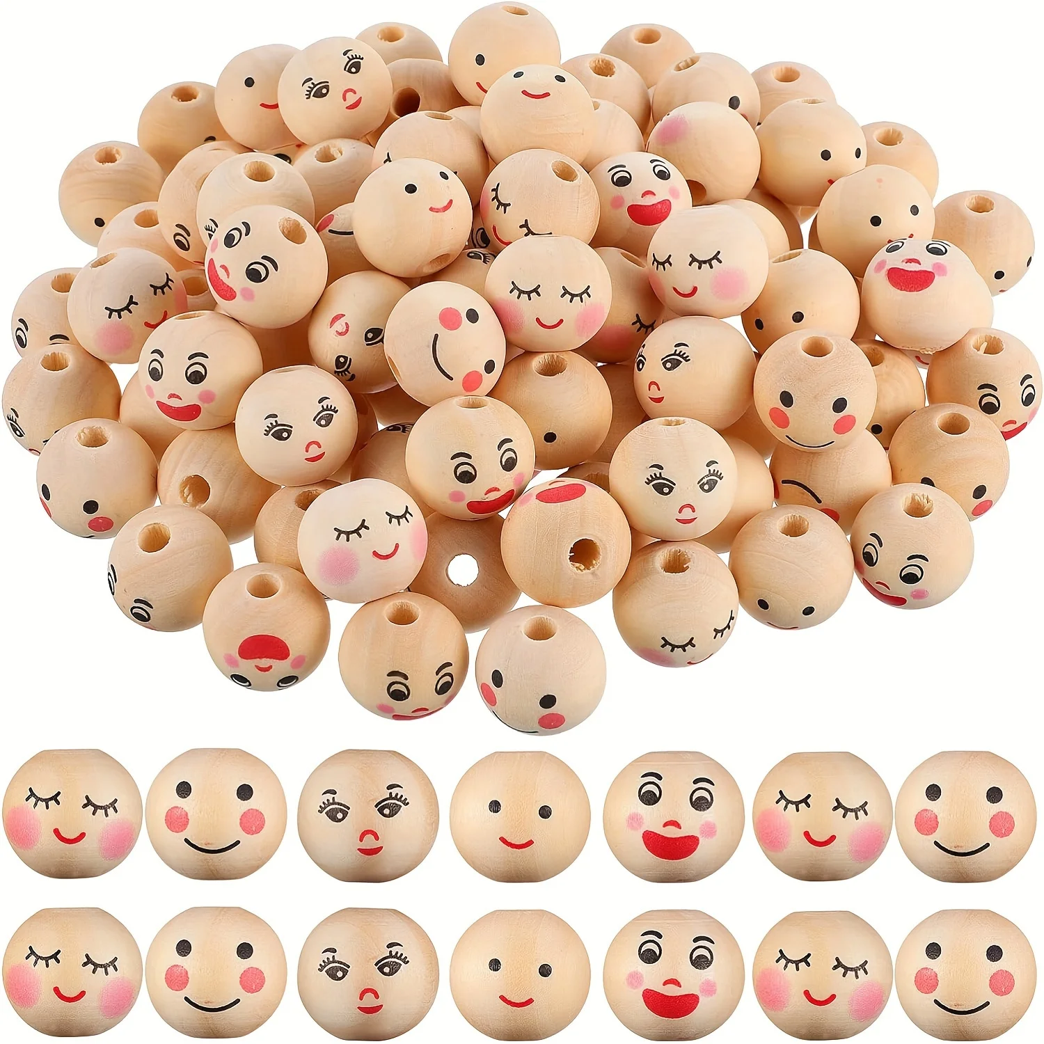 50pcs Smiling Face Wooden Beads for Keychain DIY Craft-Making