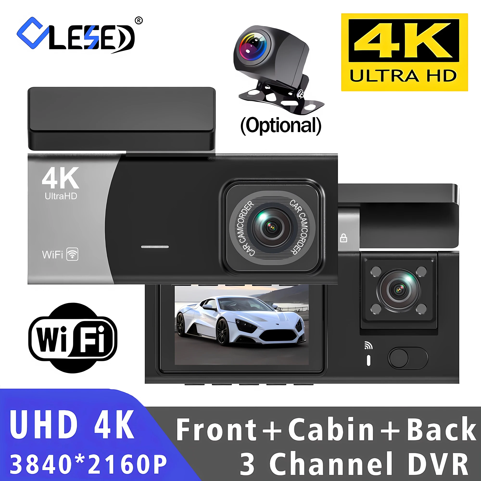 4K 3 Channel WIFI Car DVR HD 2160P Cabin Vehicle Dash Cam Three Way Camera DVRs Recorder Video Registrator Mini Dashcam Camcorde