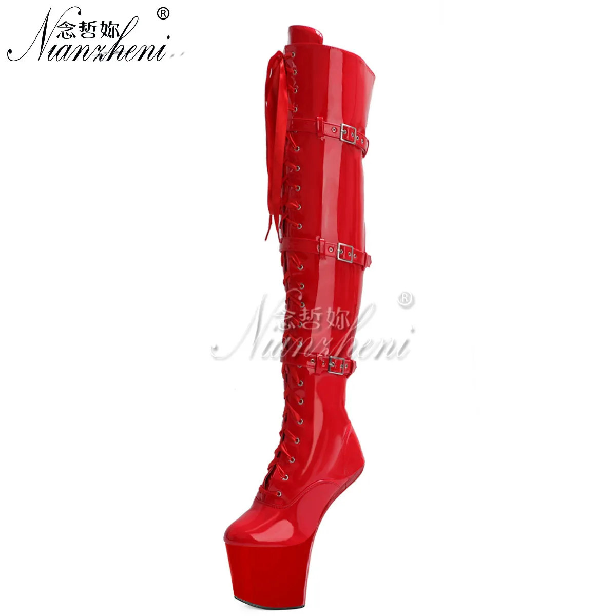 Nightclub 8Inch Pole Dance 20cm Heel-less Women shoes Crossdress Gothic Belt Buckle Round Toe Over The Knee Boots Exotic Catwalk