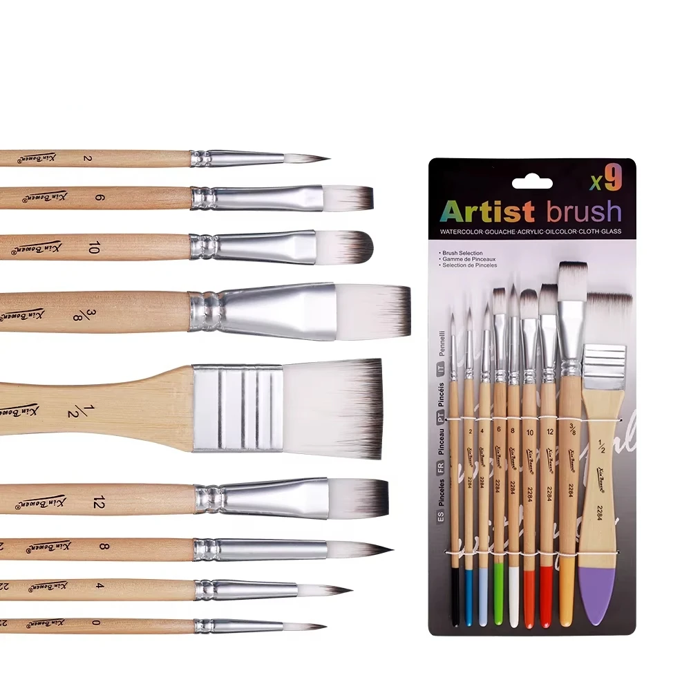 Juego de pinceles de nailon para artistas, mango de madera, para principiantes, profesionales, pintura de pared, acuarela, óleo, acrílico, herramientas para pintar, suministros de arte, 9 Uds.