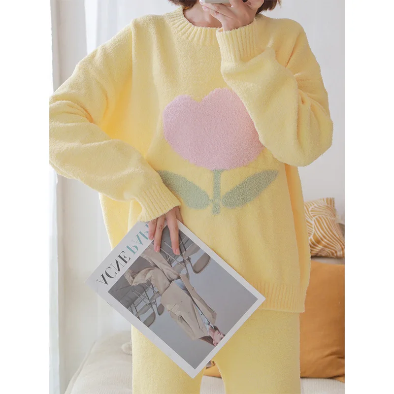 Tulip Yellow Pajamas Long Sleeve Crew Neck Pullover Soft Top Pants Autumn Homewear Winter Sleepwear Clothing Sets for Women