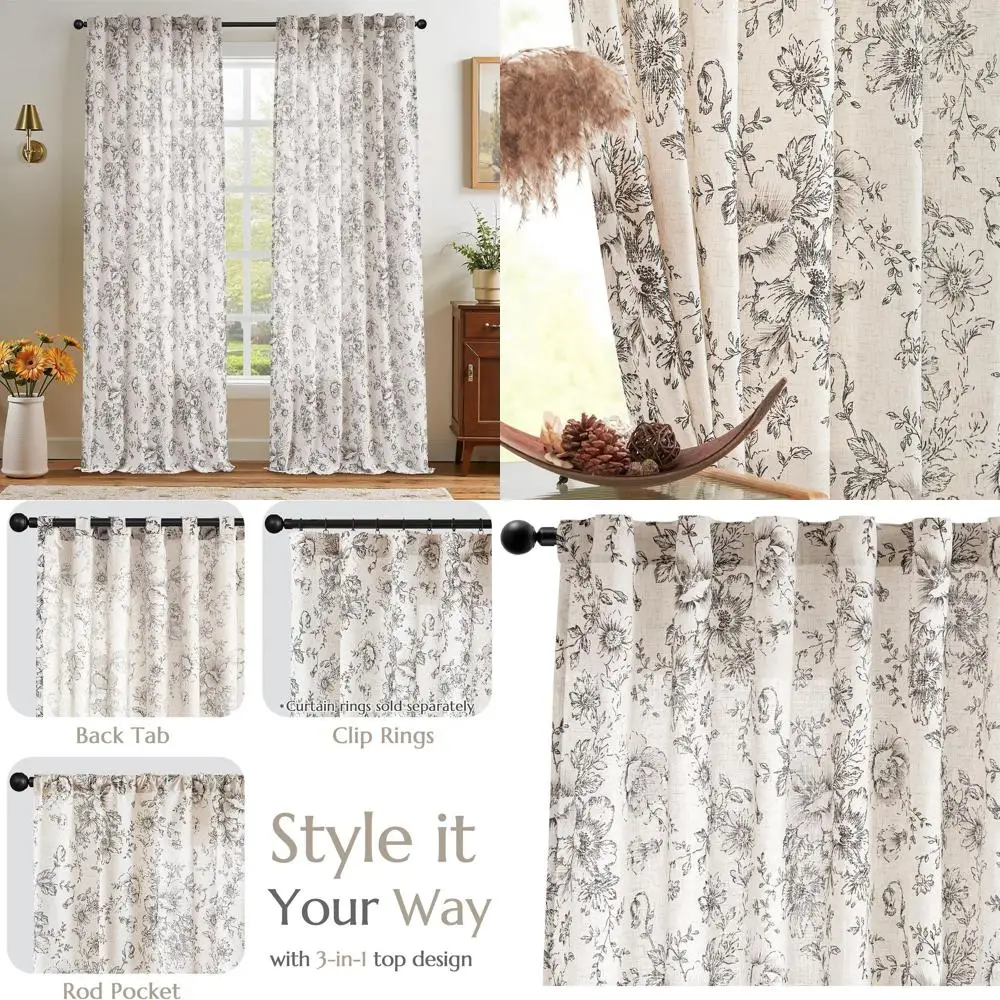 ستائر مزيج الكتان من الفاوانيا باللون الأسود، بطول 96، مجموعة من لوحتين لغرفة المعيشة وغرفة النوم في المزرعة