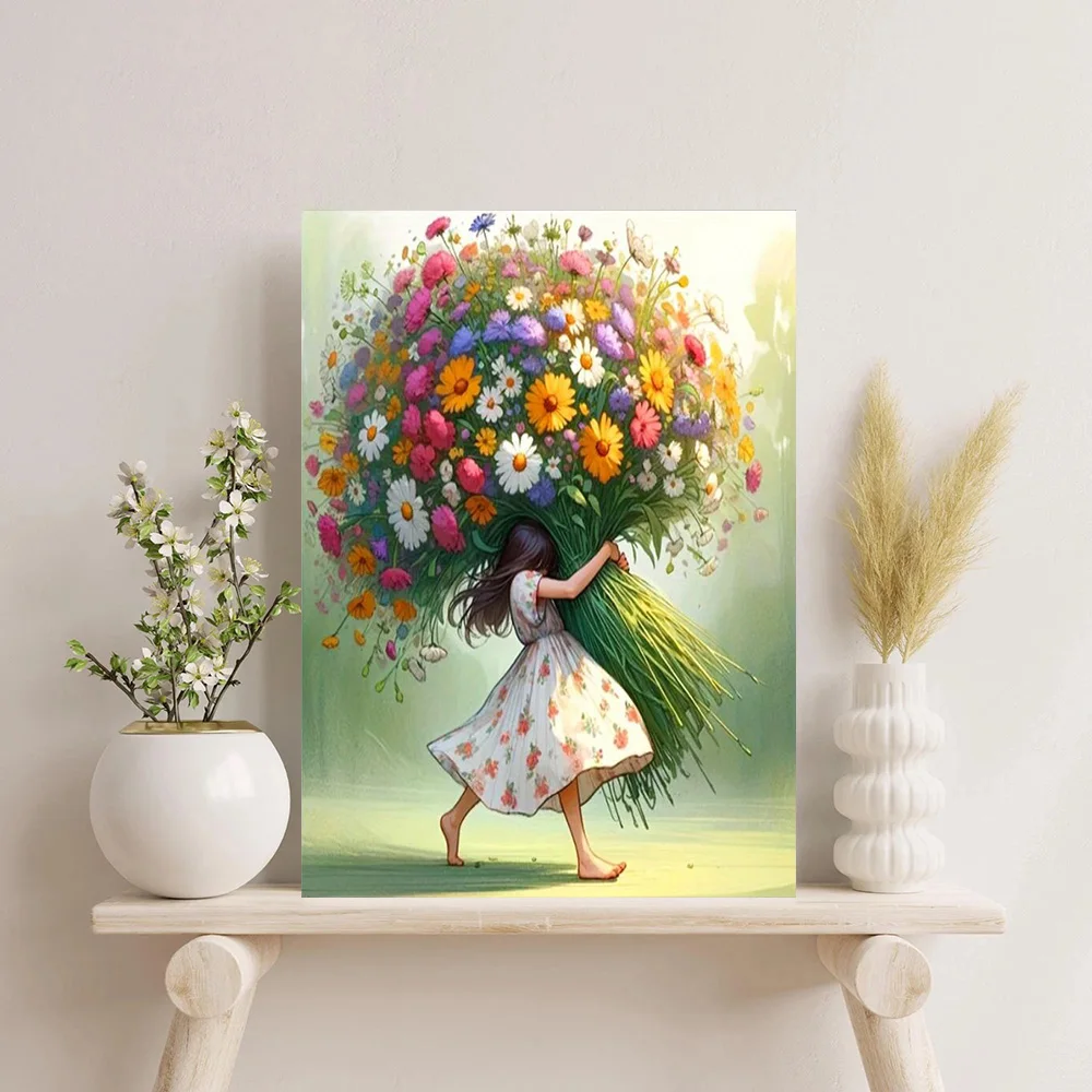 Girl Holding Flowers Poster and Prints Colorful Bouquet of Daisies Canvas Painting Wall Art Picture for Living Room Home Deco
