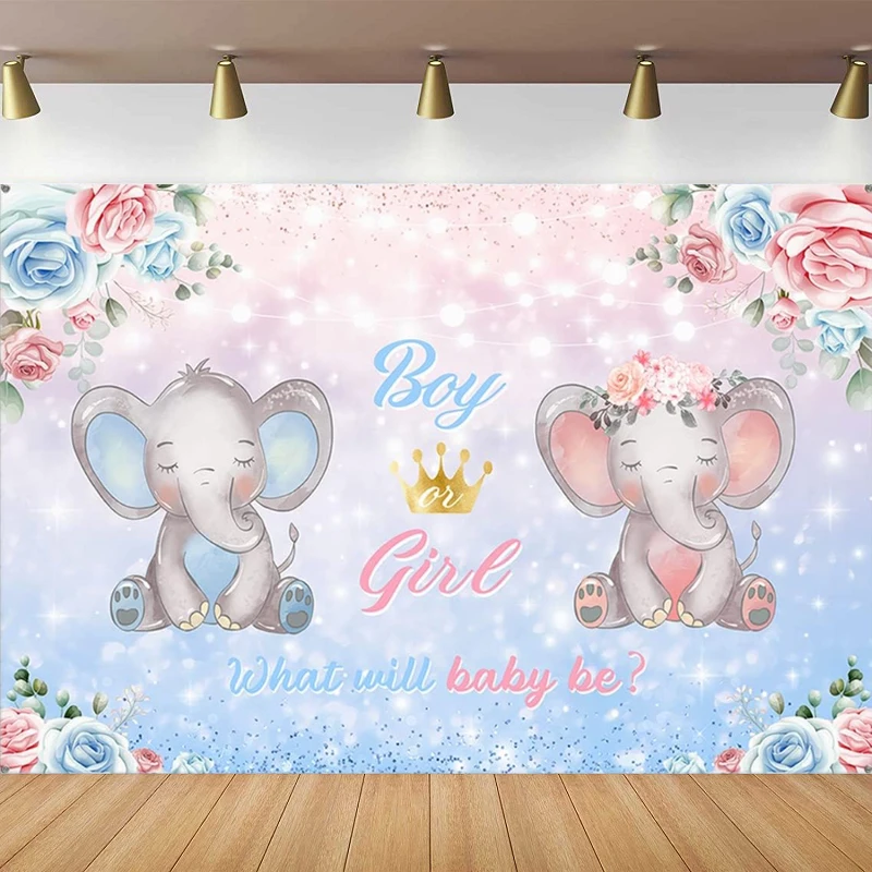 

Photography Backdrop-Pink And Blue Floral Elephant Photo Background Banner Gender Reveal Decorations Boy or Girl Poster