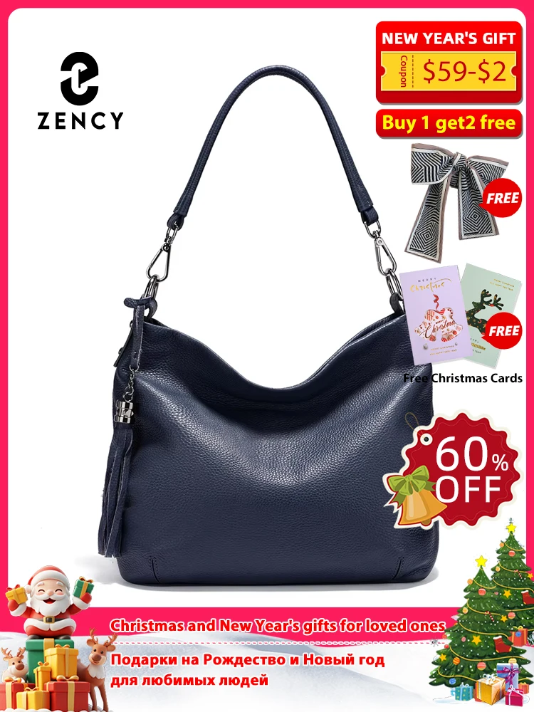 

Zency Elegant Leather Bag For Women 100% Cowhide Leather Shoulder Bag Handbag Crossbody Bag Large Capacity Tassel Hobo Bags