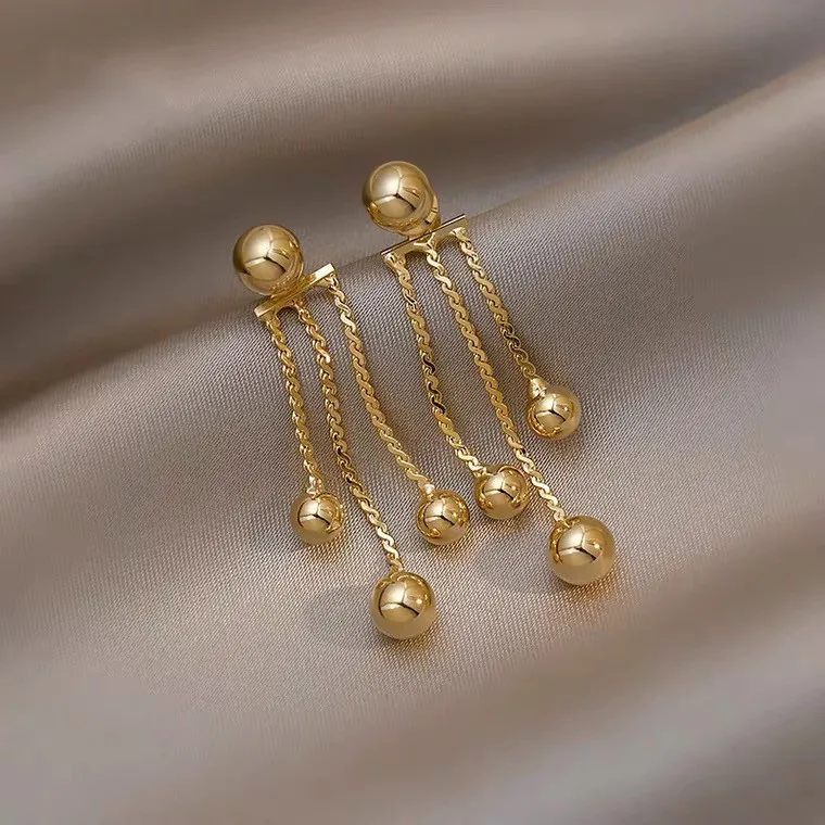 925 Silver Needle Korean Fashion Gold Color Ball Tassel Earrings For Women Metal Earing Jewelry 2024 Trending New Drop Earrings