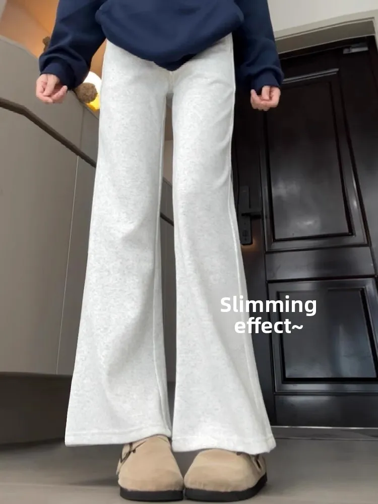 Gray High Waist Flared Pants Women's Spring Autumn Winter Fleece Lined Casual Sporty Trousers Slimming Effect Small Stature