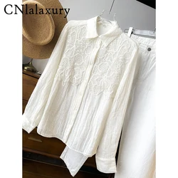 CNlalaxury Summer ricamato Hollow Out Shirt donna Solid manica lunga allentata elegante moda 2024 camicetta Casual allentata da donna