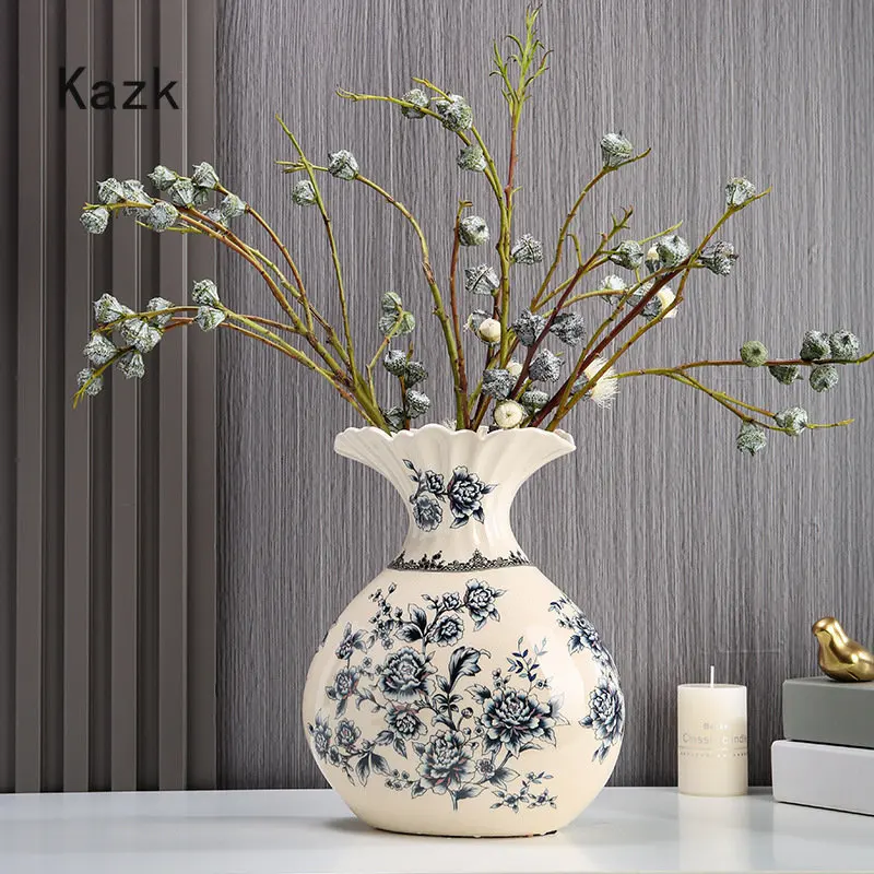 Creative Ice Crack Ceramic Vase American Style Color Painting of Plant Patterns Crafts Ikebana Vase Home Living Room Decoration