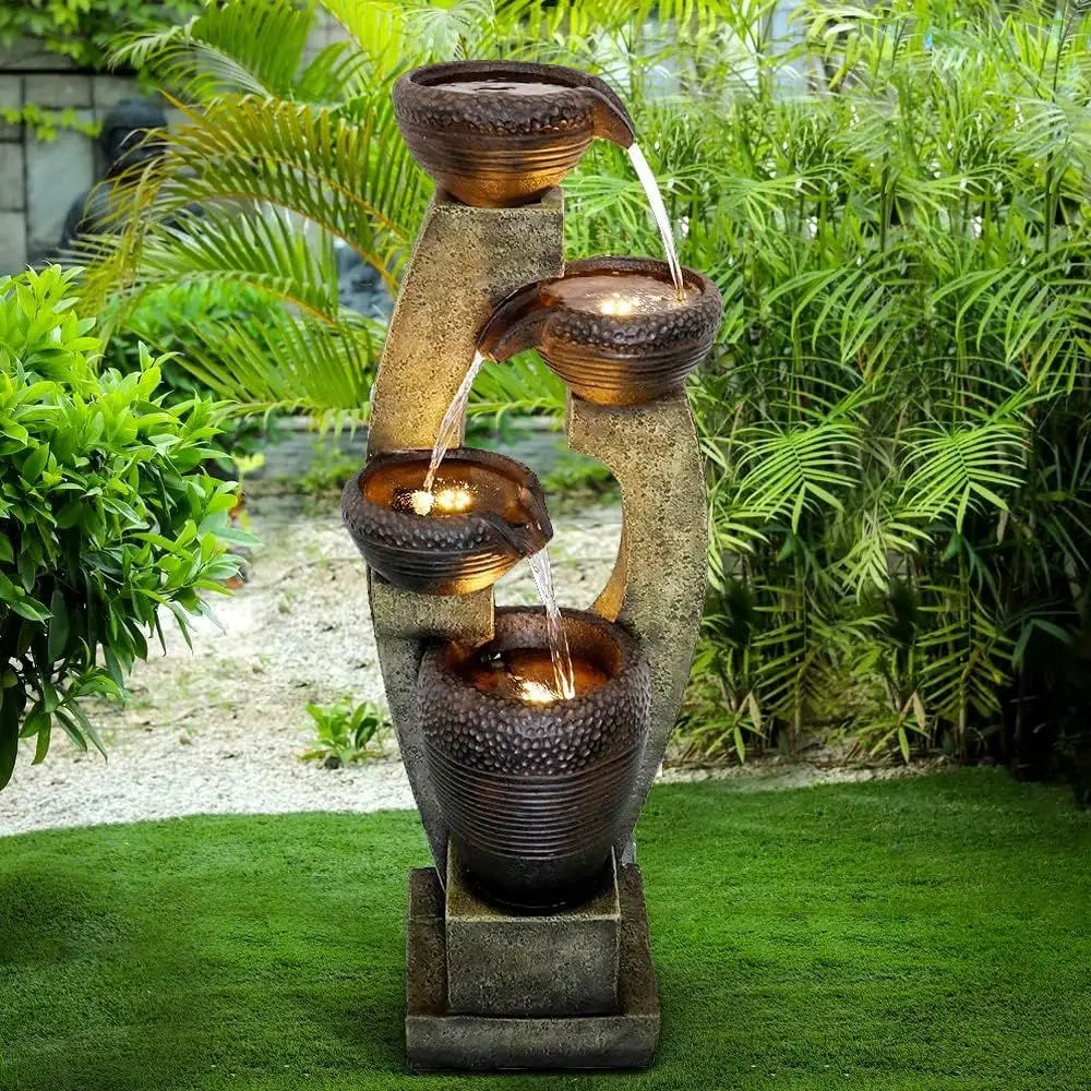 

Modern 40 Outdoor Garden Fountain with 4 Crocks, LED Light, Light Gray for Patio, Deck, Backyard Decor