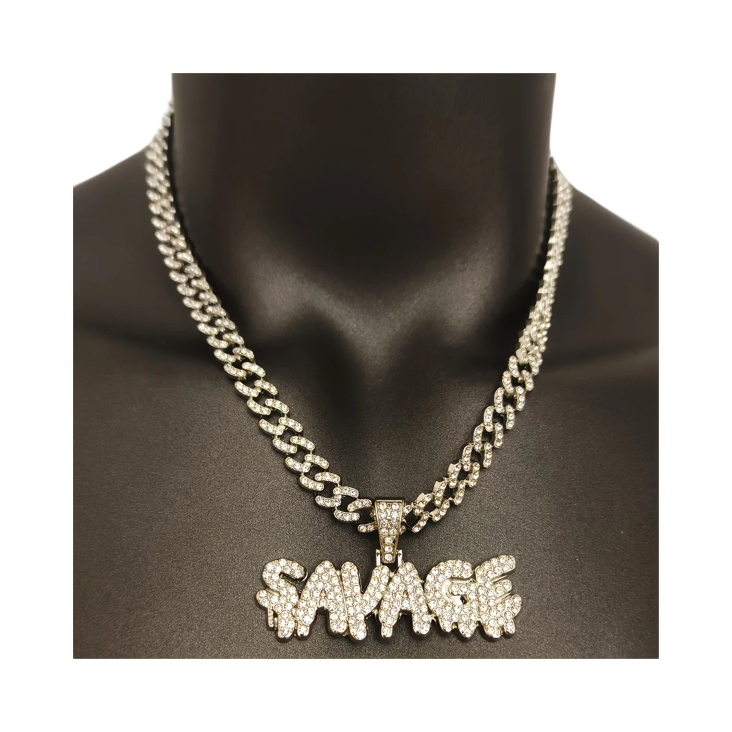 18K filled gold full diamond splicing letters SAVAGE micro inlaid zircon pendant Cuban chain accessories hip-hop flow