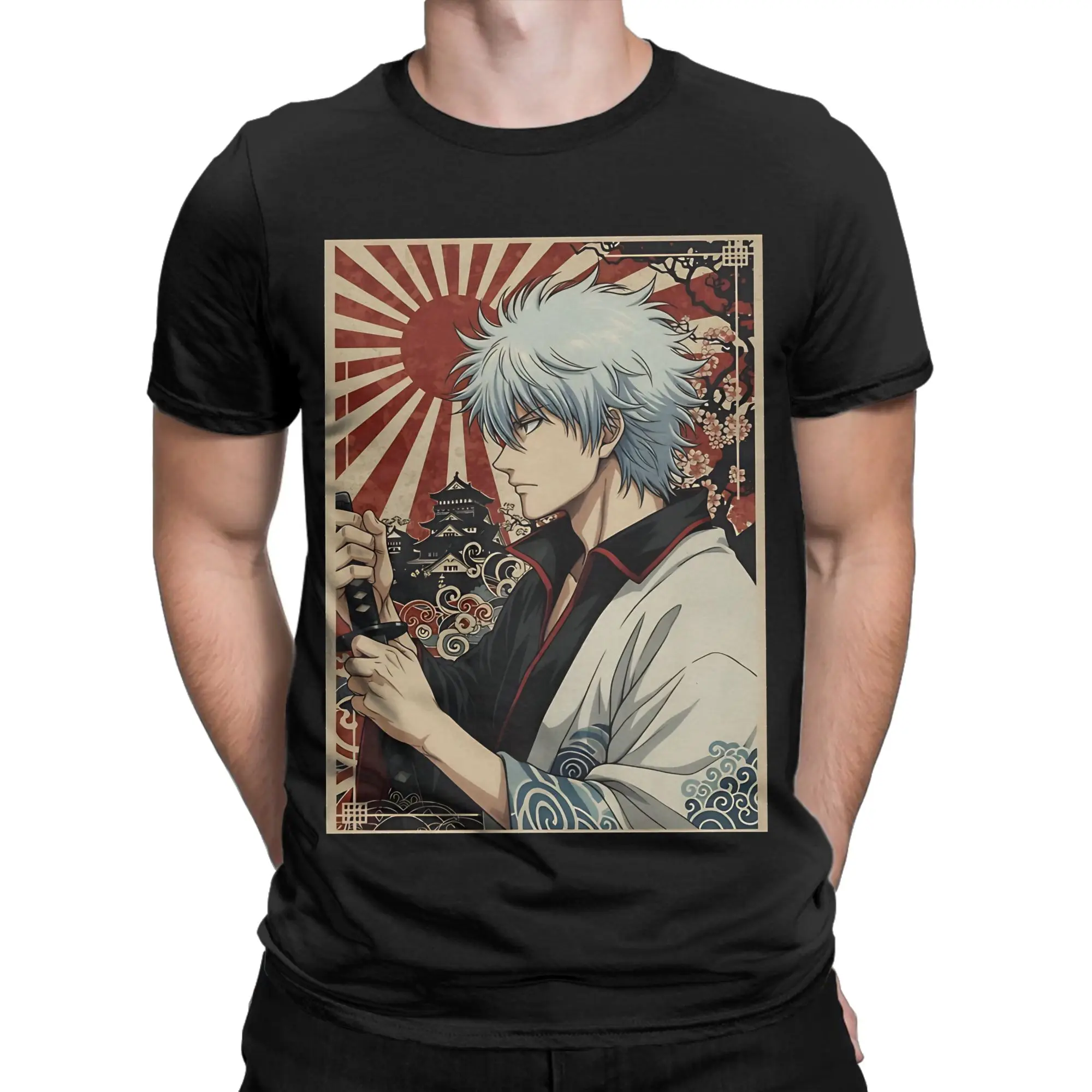 Gintoki Vintage Japanese Poster Classic Funny Graphic 100% Cotton T-Shirt Gintama Tees Tops For Men