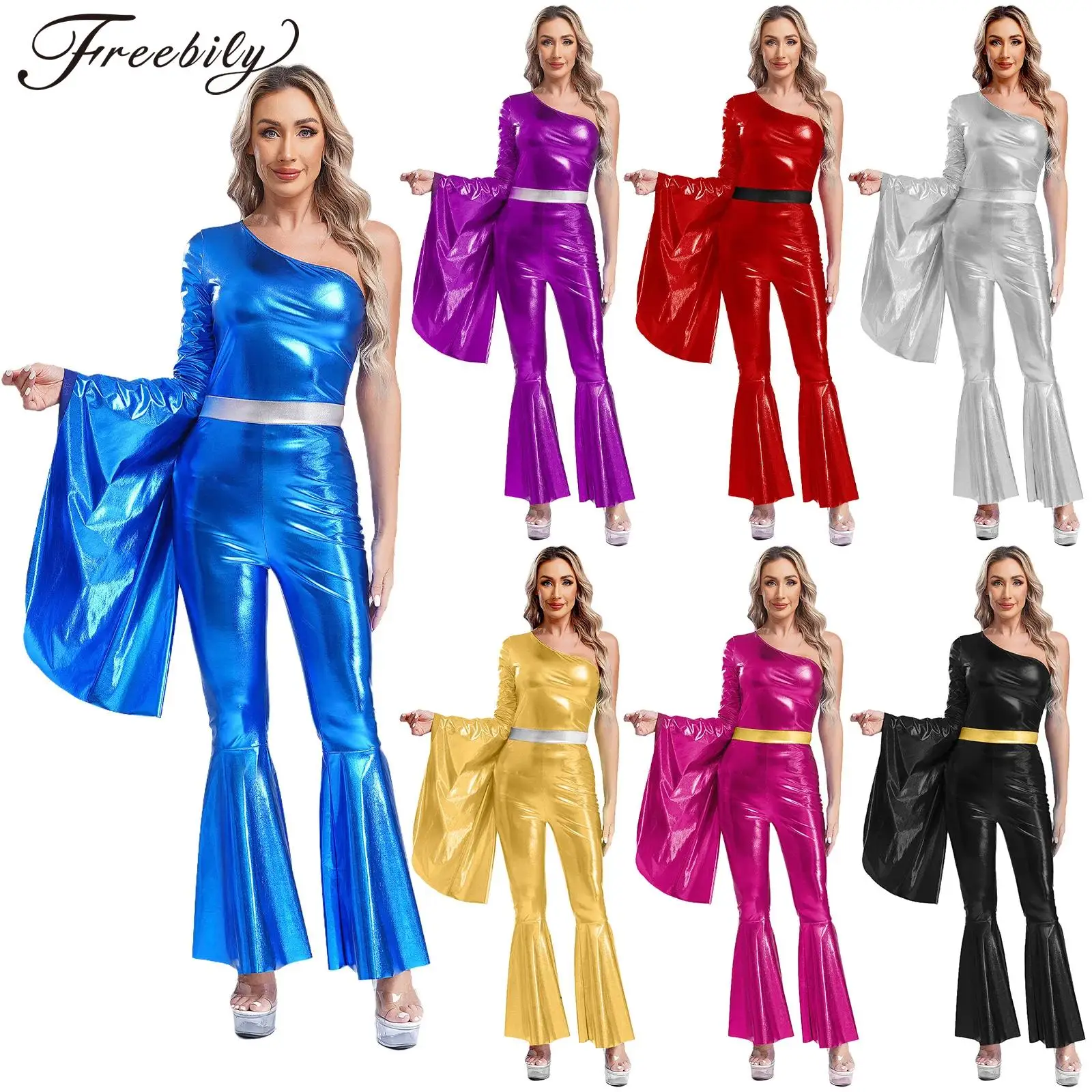 

70s Disco Women Hippie Vintage Jumpsuit Dancewear Metallic Bodysuit Bell Bottom Carnival Rave Party Jazz Dance Costumes Clubwear