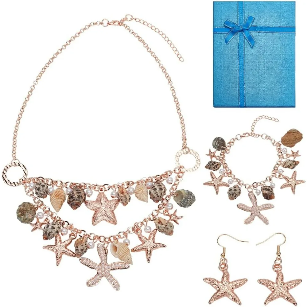 Hallowen Mermaid Jewelry Set, 3 in 1 Seashell Starfish Jewelry Chunk Pearl Collar Bib Necklace Bracelets Earrings Pendant