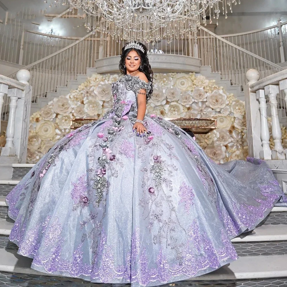 Customized Lilac Purple Off Shoulder Ball Gown Quinceanera Dress Appliques Birthday Party Gowns Beaded Vestido De 15 Anos YQD522