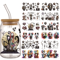 Miniso Halloween Stickers Jack Sally Waterproof UV DTF Cup Mug Wraps Sticker DIY 3D Wrap Decal For 16oz Libbey Glass