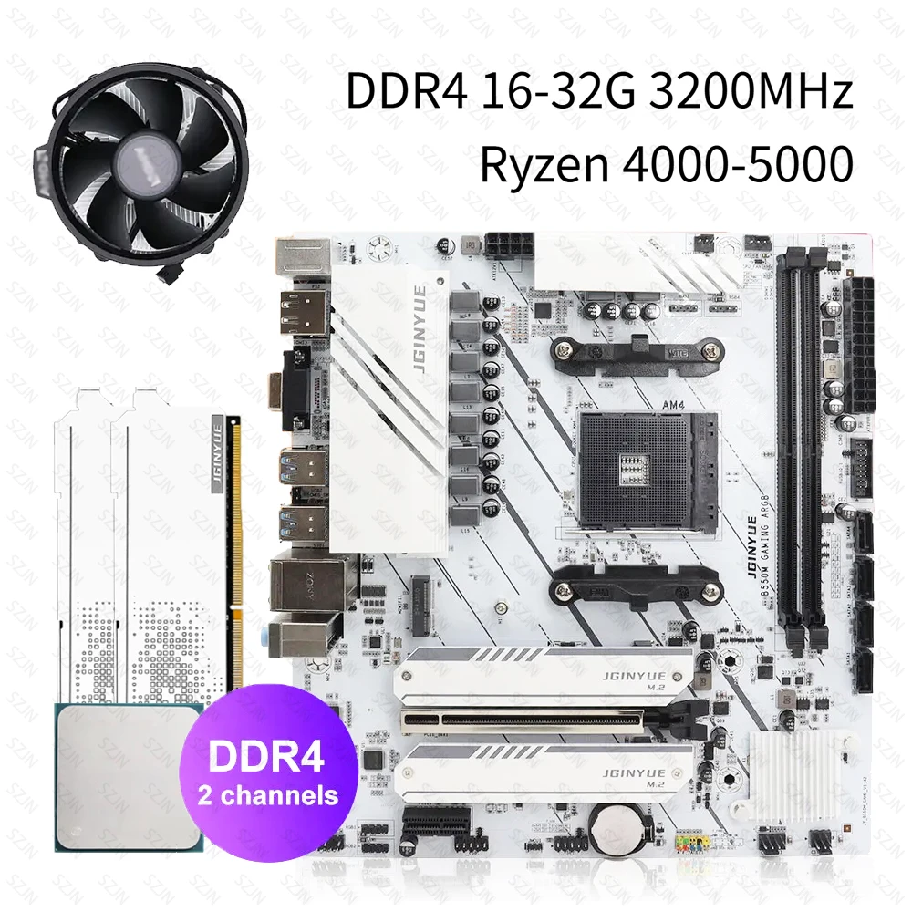 JGINYUE B550M 마더보드 CPU 세트 (AMD 라이젠 쿨러, DDR4 듀얼 채널 RAM 지원, PCI-E 4.0 컴퓨터 게이밍 ARGB 콤보 포함)