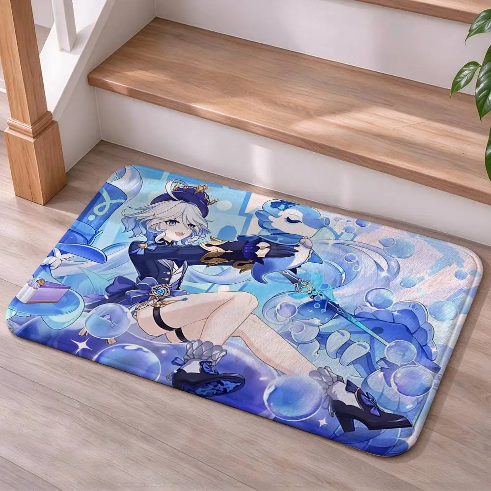 Hydro Archon Furina Game G-Genshin Short Plush Bathroom Door Mat, Hallway Decor Rug, Home Entry Welcome Floor Mat