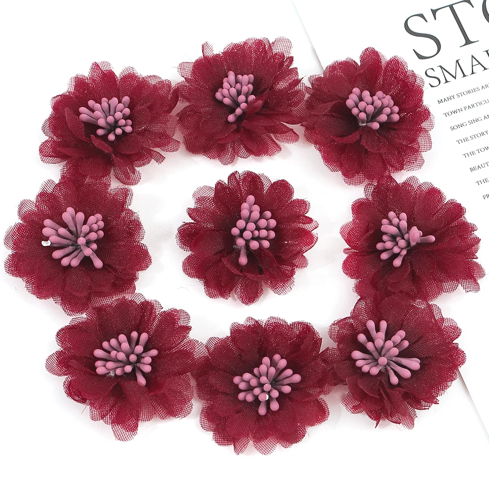 10Pcs 4cm Chiffon Flowers Head Chiffon Yarn Artificial Rose Flower Dresses Clothing Children\'s Hair Clips Decorative Accessories