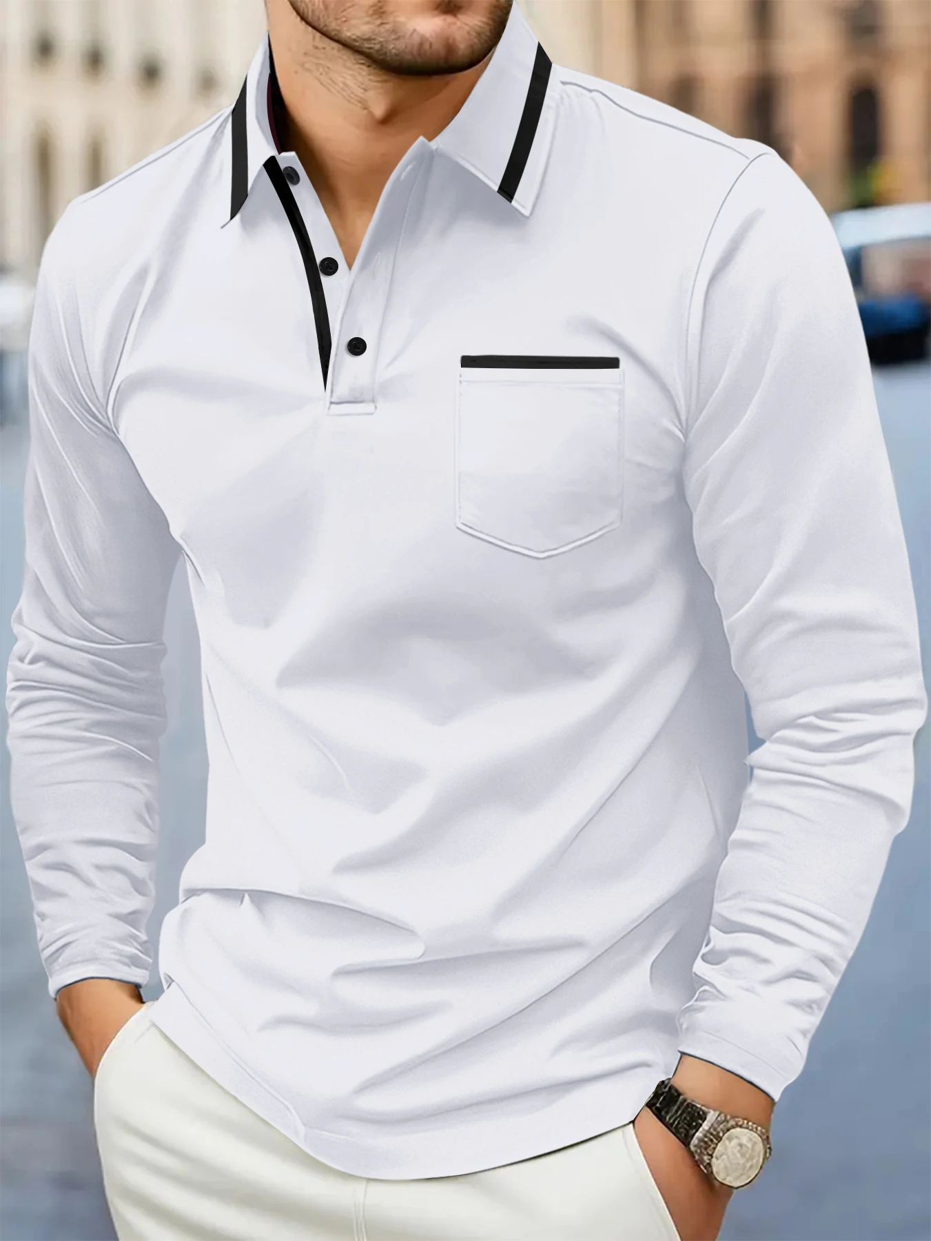 Spring and fall best-selling fashion golf men's lapel pocket comfortable casual sports solid color long sleeve breathable top image 4