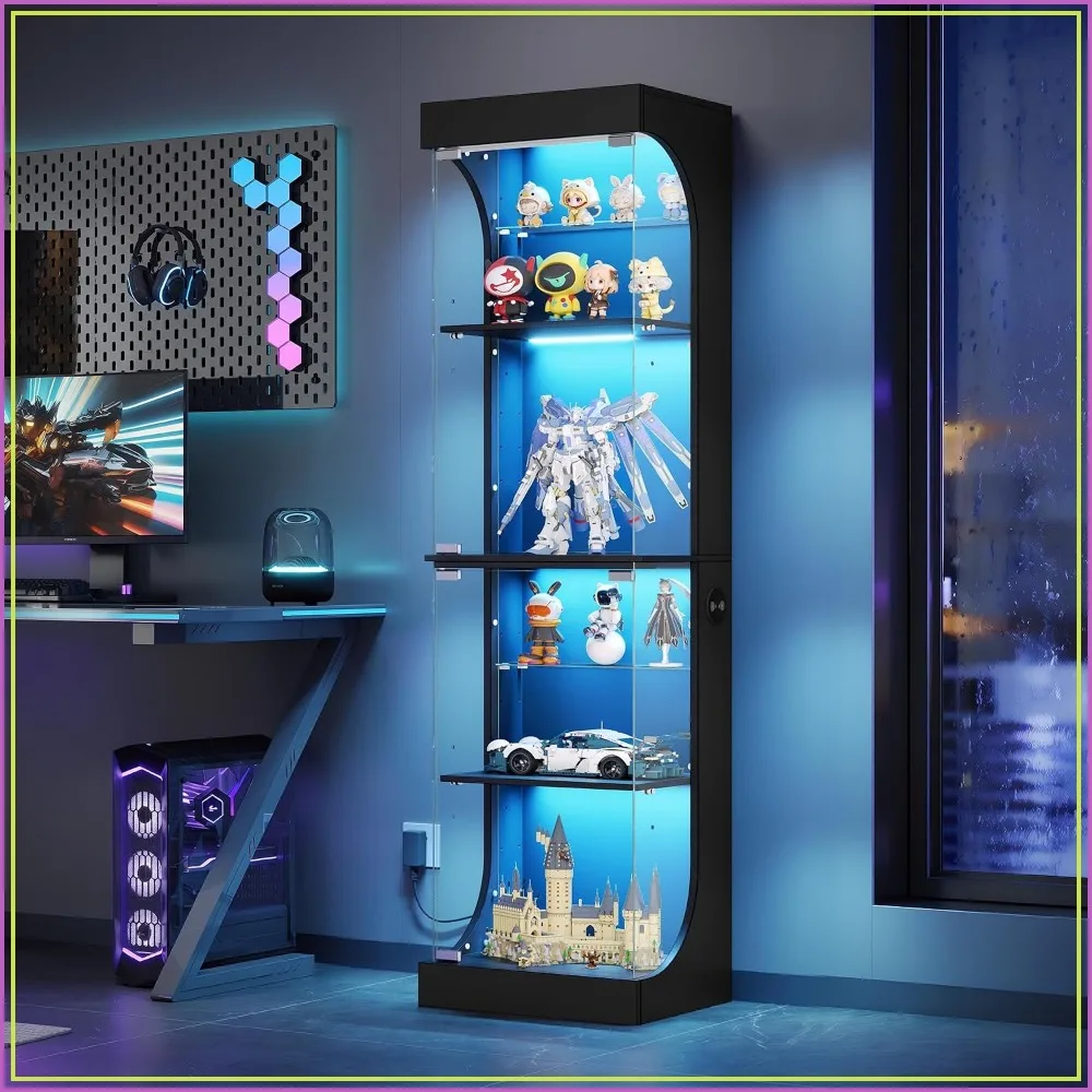 Glass Display Cabinet 4-Tier Showcase with RGB Lights Black