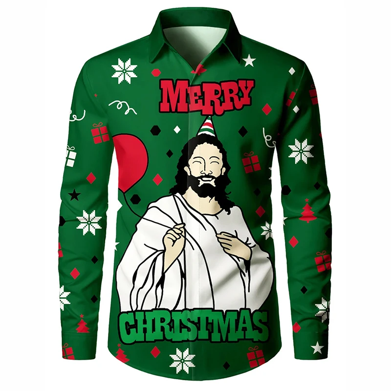เสื้อเชิ้ตแขนยาวลายซานตาคลอสสุดฮาสำหรับเทศกาลคริสต์มาส เสื้อผ้าผู้ชายสำหรับงานปาร์ตี้ครอบครัว สไตล์ลำลอง ติดกระดุม แฟชั่นคริสต์มาส 2026