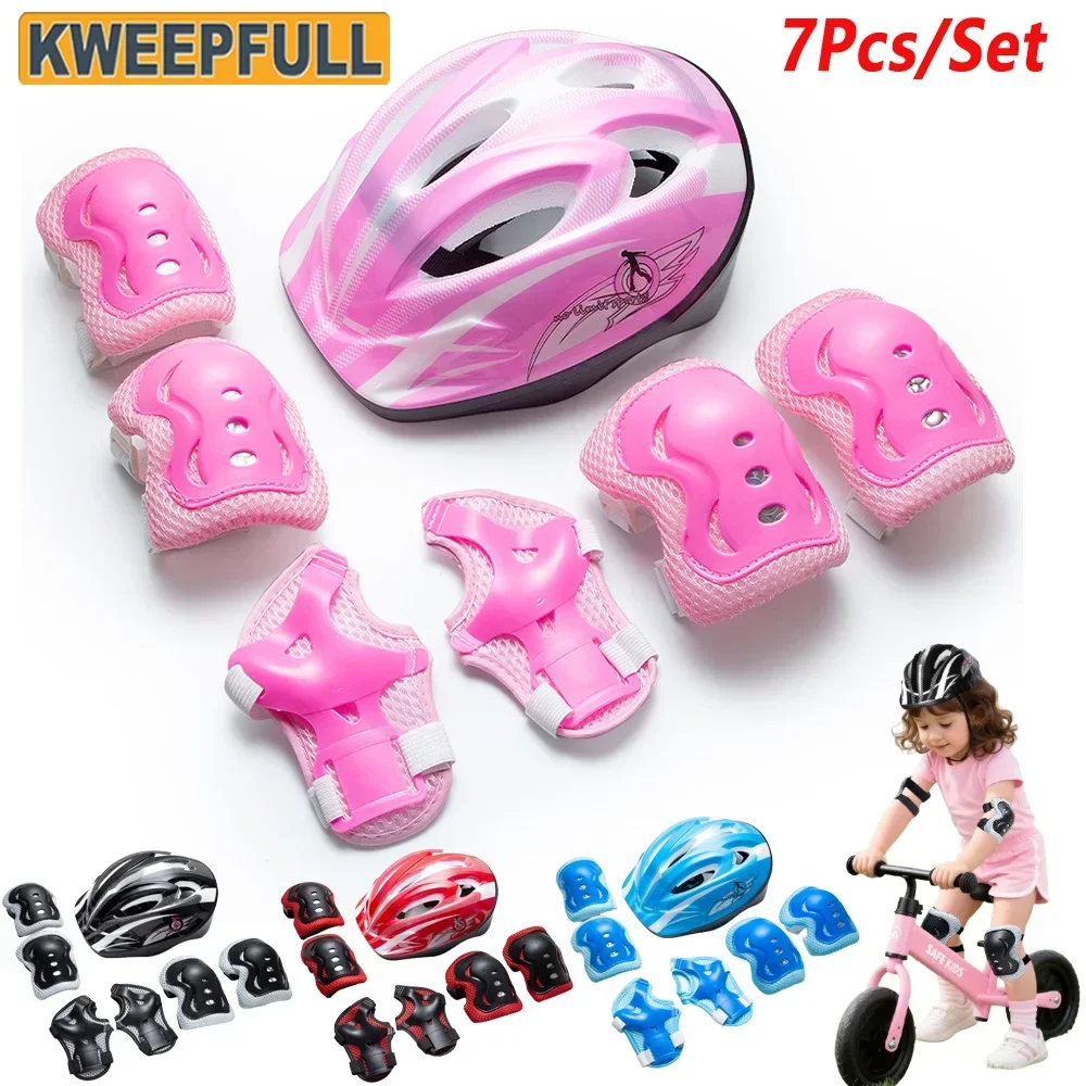 7Pcs Kids Protective Gear Set, Helmet + Knee Elbow Wrist Guards, Comfort Safety Pads for Children Skateboarding Scooter Cycling