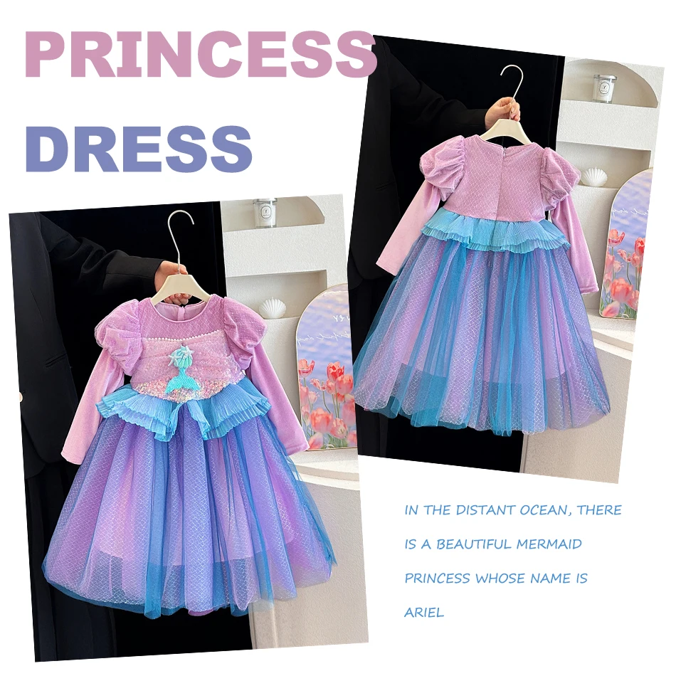 

Disney Little Mermaid Princess Dress Girls Long-sleeved Velvet Sequin Ball Gown Little Kids Dreamy Color Birthday Halloween Gown