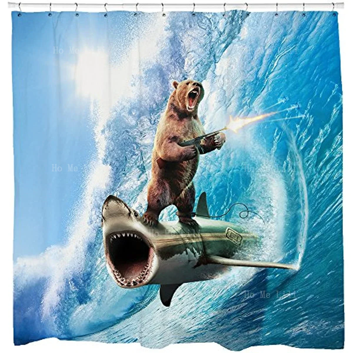 Sharp Shirter Bear Shower Curtain Set Funny Shark Bathroom Decor Surfing Machine Gun Beach Theme Blue Ocean Art