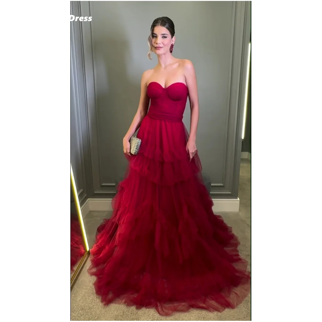 

Lena Line A Prom Dresses 2025 Luxury Woman Ceremony Dresses for Special Occasions Multi-layer Custom Made Sleeveless Claret Long