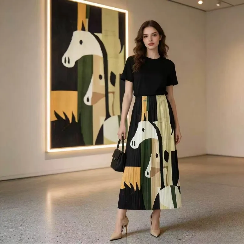 Miyake Pleated Original Niche Cartoon Pattern Skirt 2026 Summer New Elastic Waist Pleated Straight Casual Skirt for Women Pleat