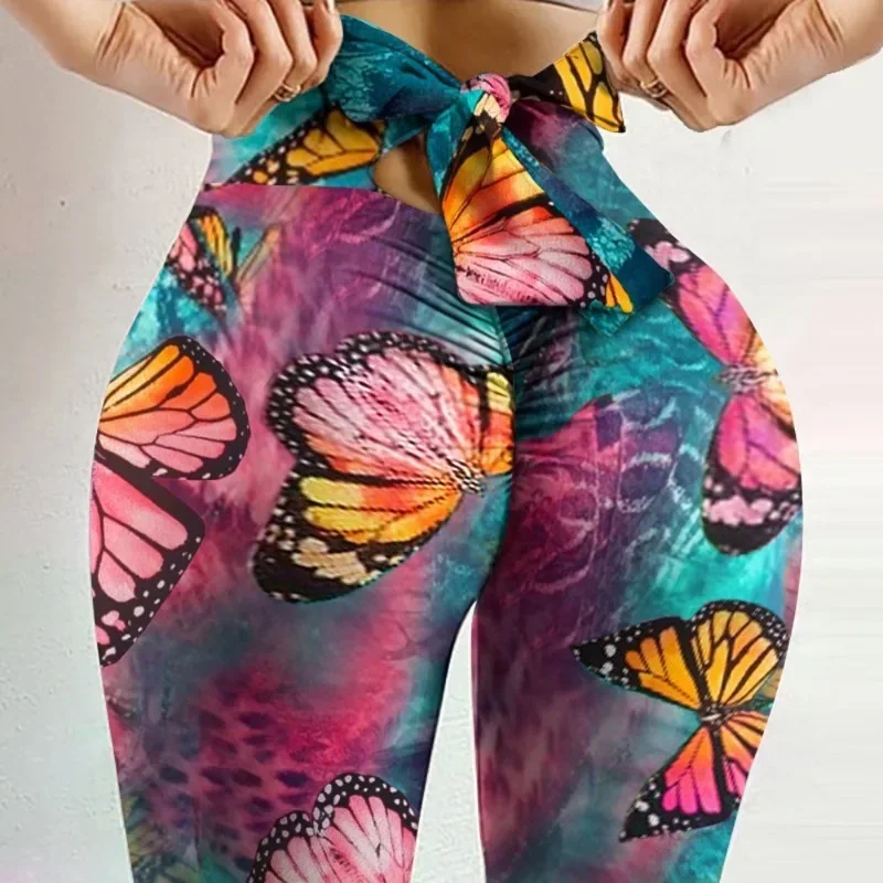 High Waist Sexy Butterfly Printed Leggings Bowknot Yoga Pants Bow Bandage Tights Women Butt Lift Exercise Fitness Yoga Legging