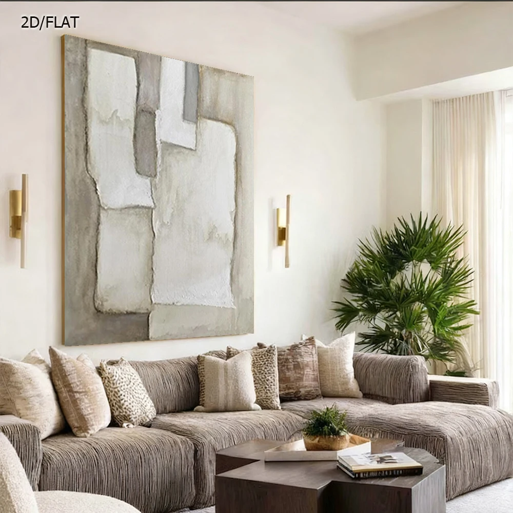 100% Handmade Abstract Oil Painting - Grey & White Thick Oil Scraper texture Wall Art Picture for Home Living Room Decor Image