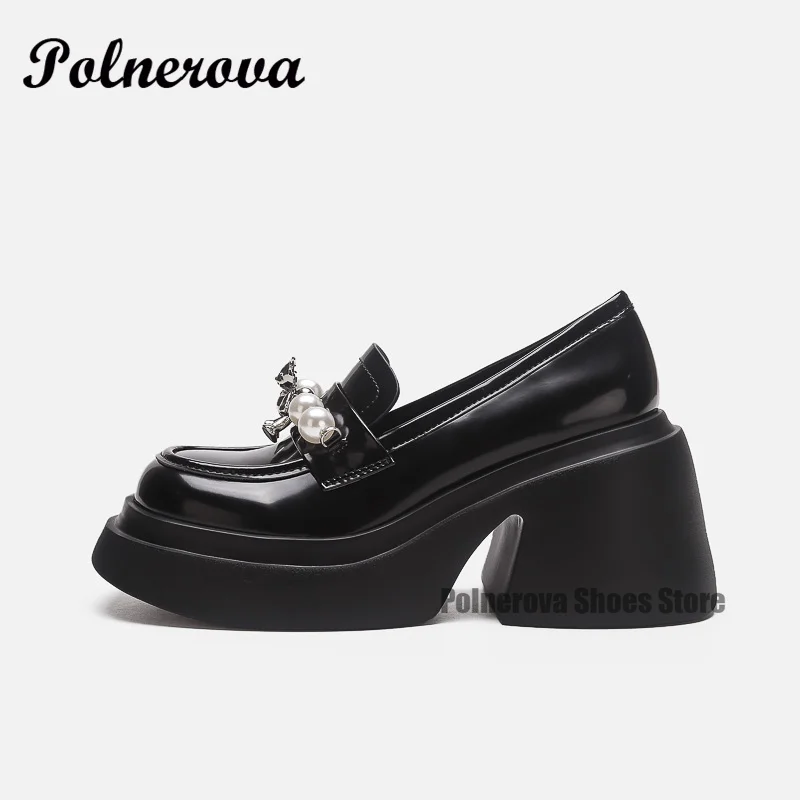 

Black Round Toeleather Thick Soled Loafers Women's Leather Shoes New Increase High Heels Mary Jane Single Shoes New In Shoes