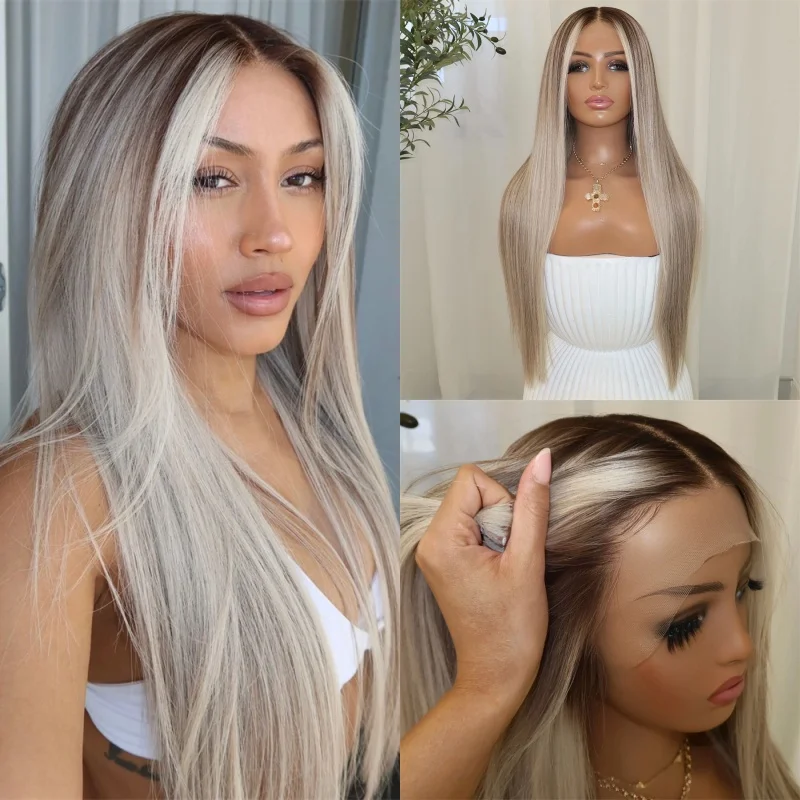 28 Inch Ombre Icy Blonde Brown Highlights Synthetic HD Lace Front Wig Soft Long Straight Luxury Women's Wig Preplucked Hairline