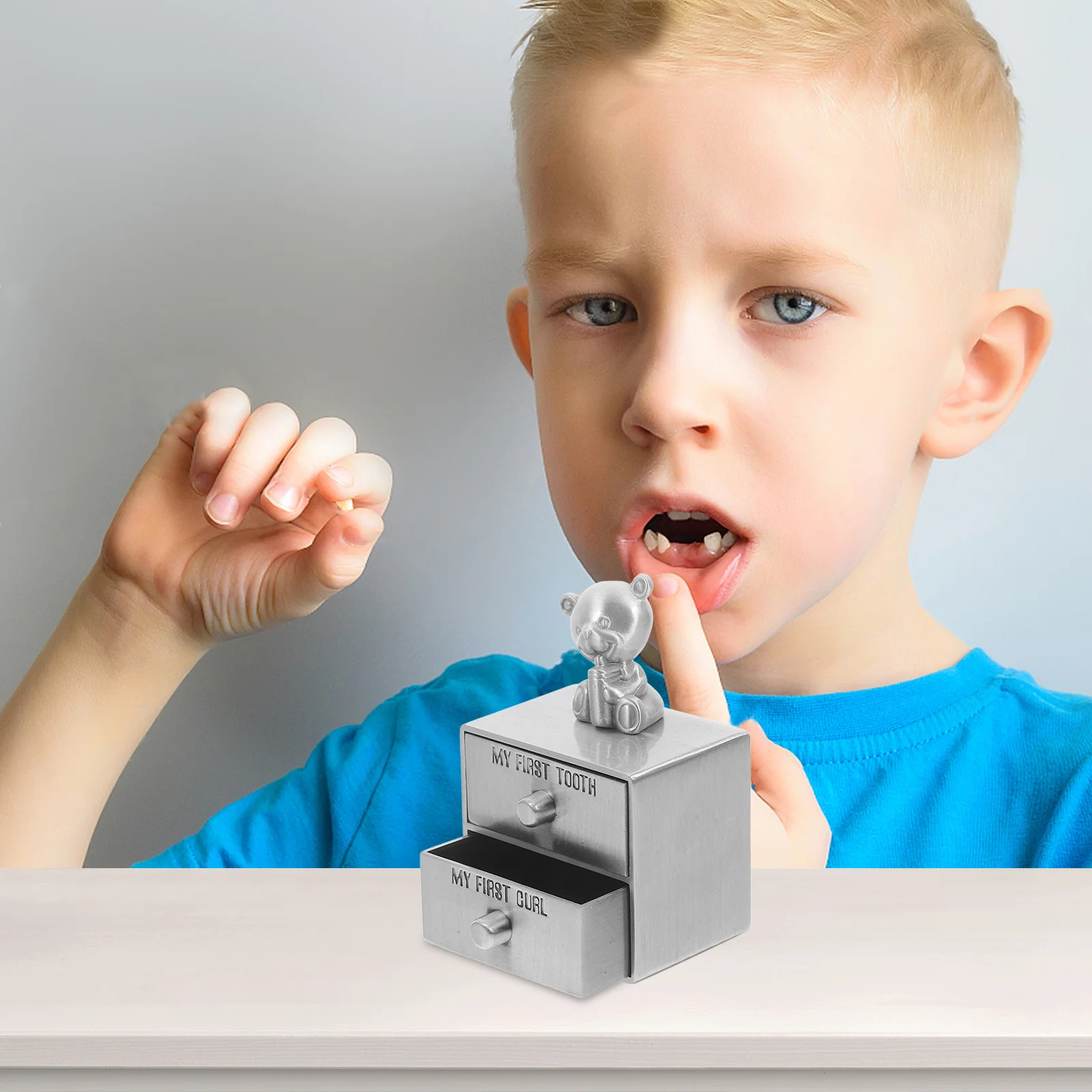 

First Tooth and Baby Keepsake Organizer Metal Drawer Type Deciduous Teeth Hair Storage Container Adorable Decor