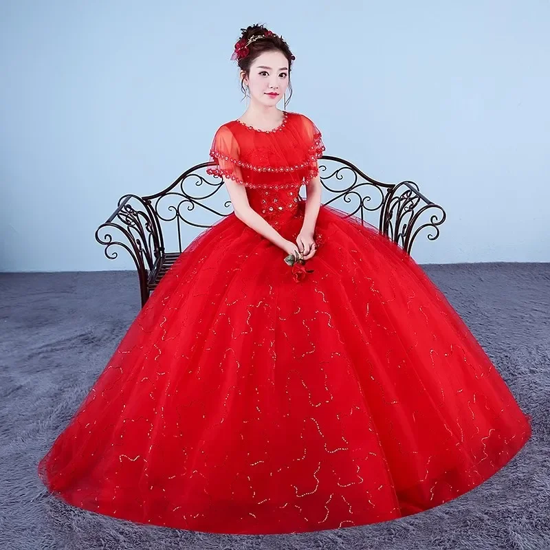 Cheap Red Wedding Dress Crystal Sequins Bling O-neck Shawl Lace up Princess Floor-length Plus size Simple Bride Ball Gowns XN034