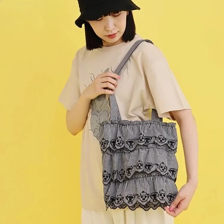 

Femme Sweet Cute Japanese Style Casual Handbags for Women Summer 2025 New Tote Bag Edge Embroidered Canvas Shoulder Bag