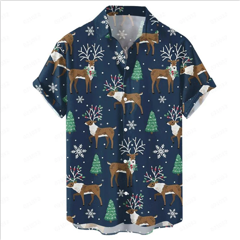 

2024 New Product Christmas Pattern Digital Printing Summer Short Sleeve Collar Open Button Shirt Men's Top